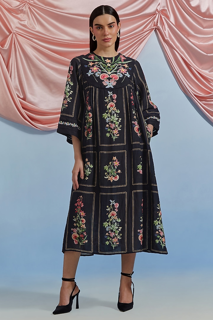 Black Linen Vegan Silk Floral Embroidered Midi Vacation Dress by POZRUH at Pernia's Pop Up Shop