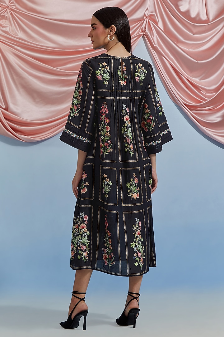 Black Linen Vegan Silk Floral Embroidered Midi Vacation Dress by POZRUH at Pernia's Pop Up Shop