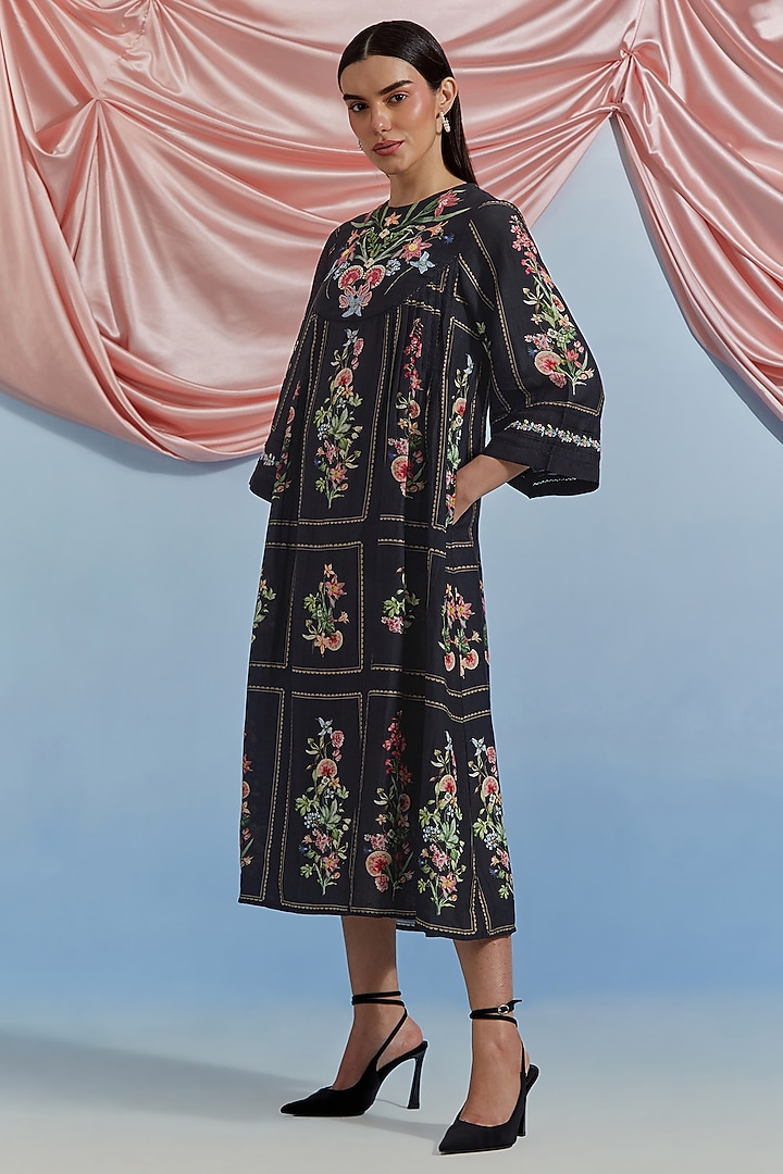 Black Linen Vegan Silk Floral Embroidered Midi Vacation Dress by POZRUH at Pernia's Pop Up Shop