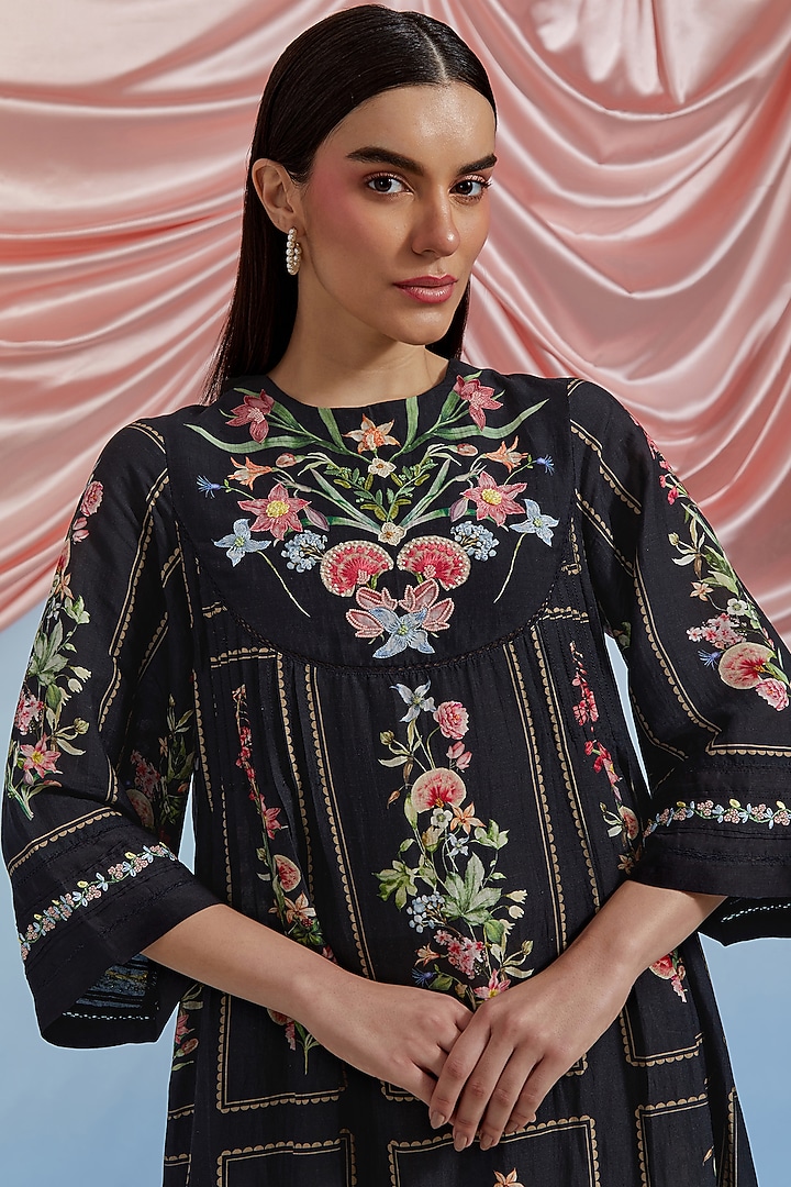 Black Linen Vegan Silk Floral Embroidered Midi Vacation Dress by POZRUH at Pernia's Pop Up Shop