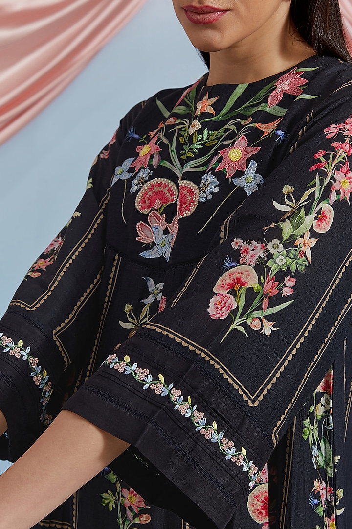 Black Linen Vegan Silk Floral Embroidered Midi Vacation Dress by POZRUH at Pernia's Pop Up Shop