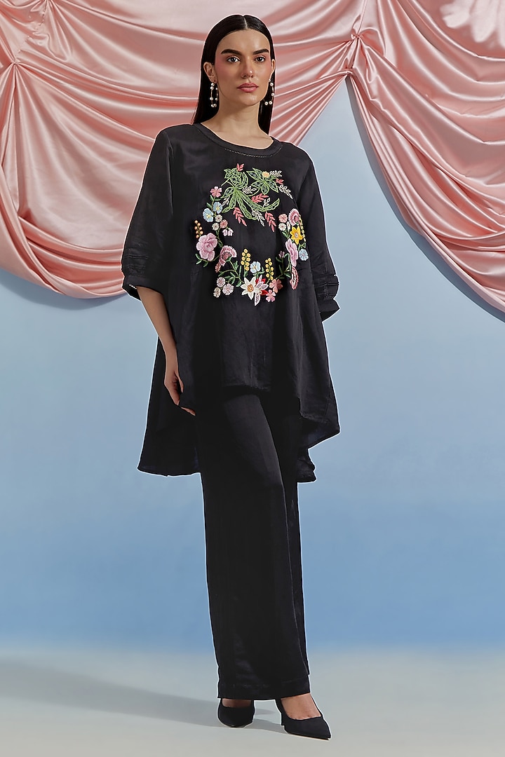 Black Linen Satin Silk Floral Embroidered Co-Ord Set by POZRUH at Pernia's Pop Up Shop