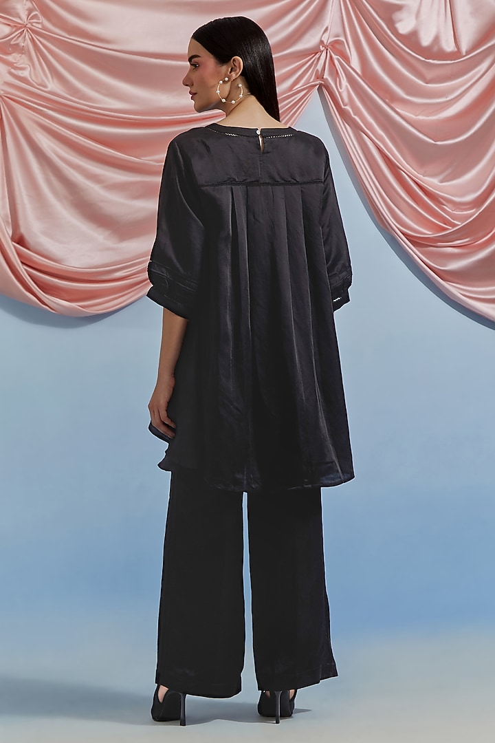 Black Linen Satin Silk Floral Embroidered Co-Ord Set by POZRUH at Pernia's Pop Up Shop