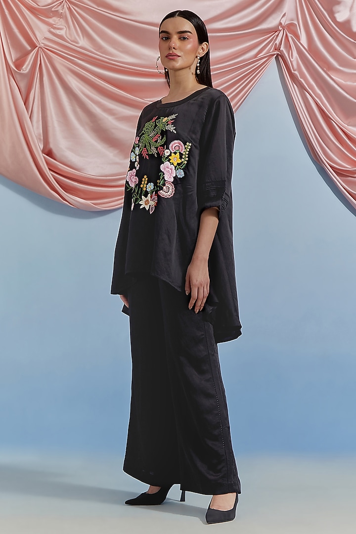 Black Linen Satin Silk Floral Embroidered Co-Ord Set by POZRUH at Pernia's Pop Up Shop
