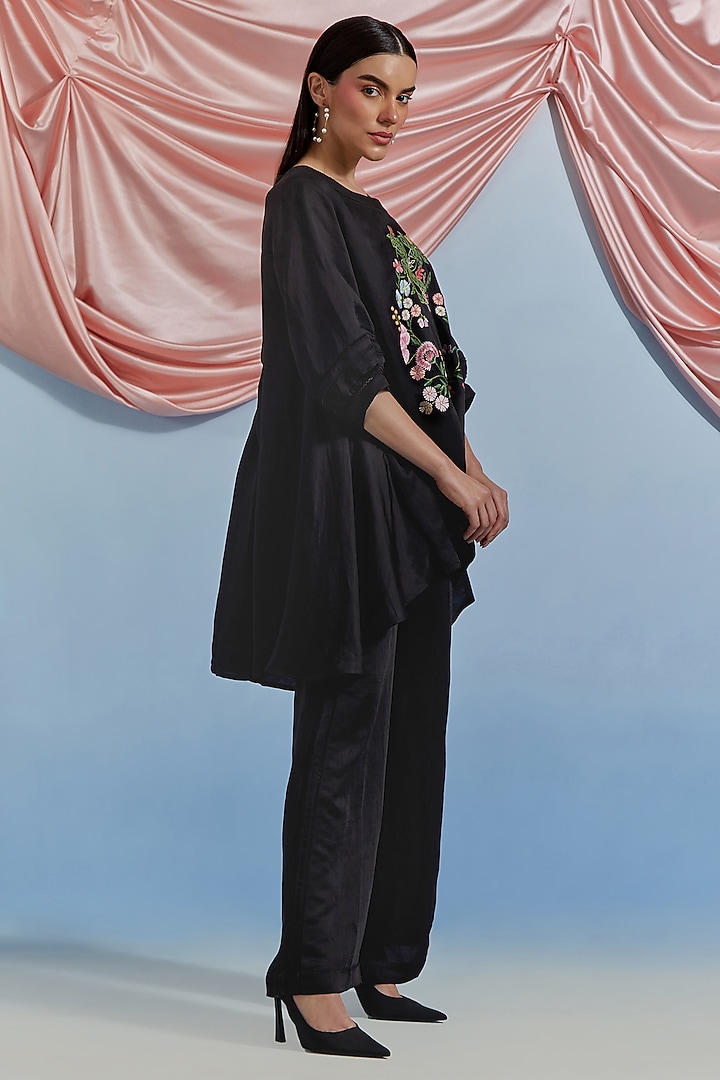 Black Linen Satin Silk Floral Embroidered Co-Ord Set by POZRUH at Pernia's Pop Up Shop