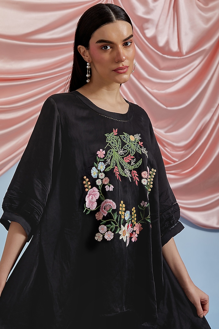 Black Linen Satin Silk Floral Embroidered Co-Ord Set by POZRUH at Pernia's Pop Up Shop