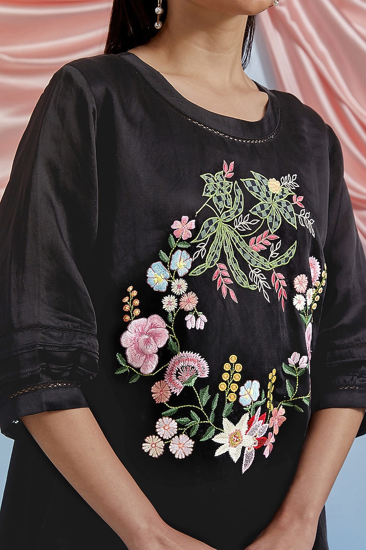 Black Linen Satin Silk Floral Embroidered Co-Ord Set by POZRUH at Pernia's Pop Up Shop