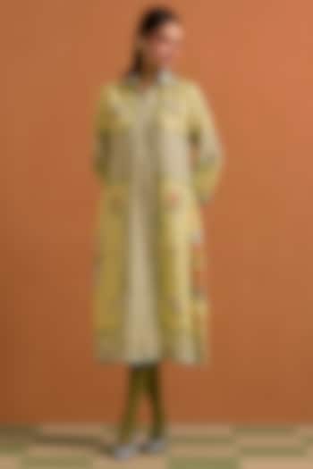 Yellow Hemp Hand Embroidered Vacation Shirt Dress by POZRUH at Pernia's Pop Up Shop