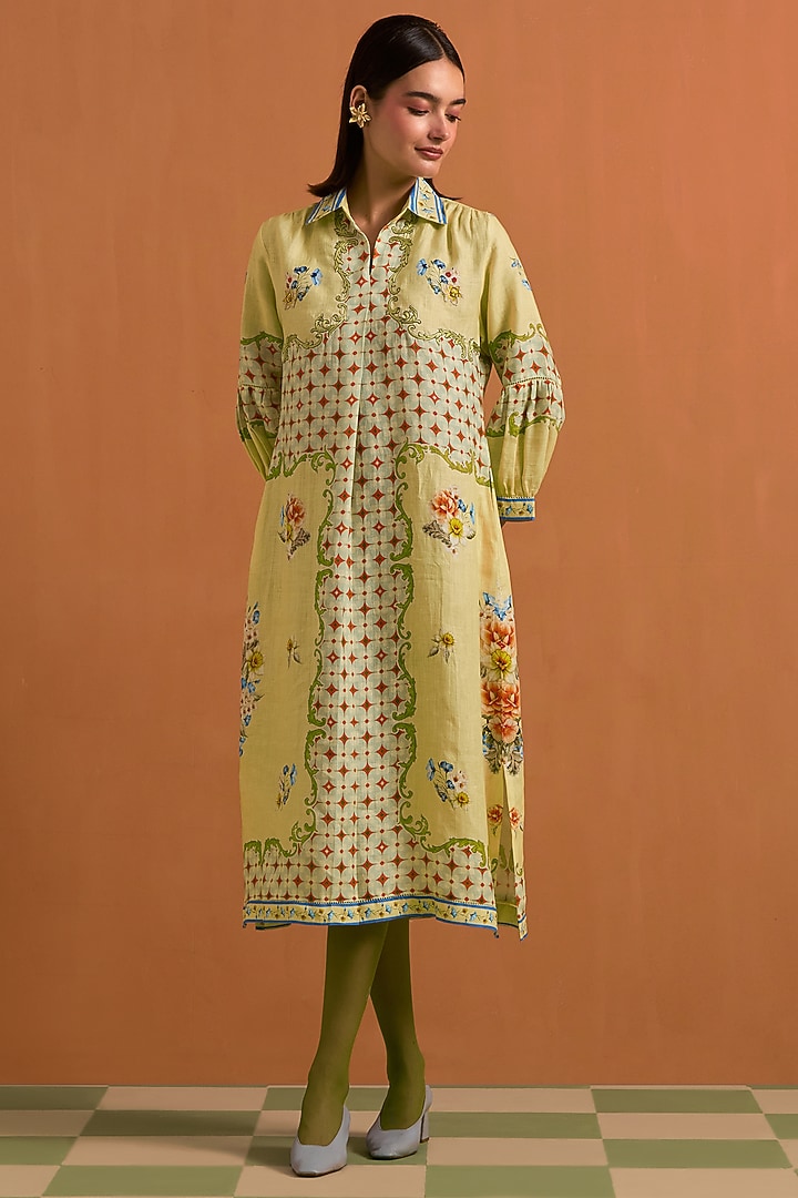 Yellow Hemp Hand Embroidered Vacation Shirt Dress by POZRUH at Pernia's Pop Up Shop