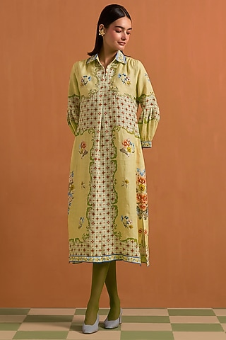 Yellow Hemp Hand Embroidered Shirt Dress by POZRUH