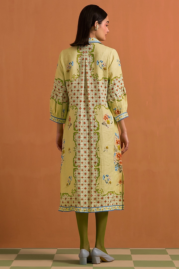 Yellow Hemp Hand Embroidered Vacation Shirt Dress by POZRUH at Pernia's Pop Up Shop