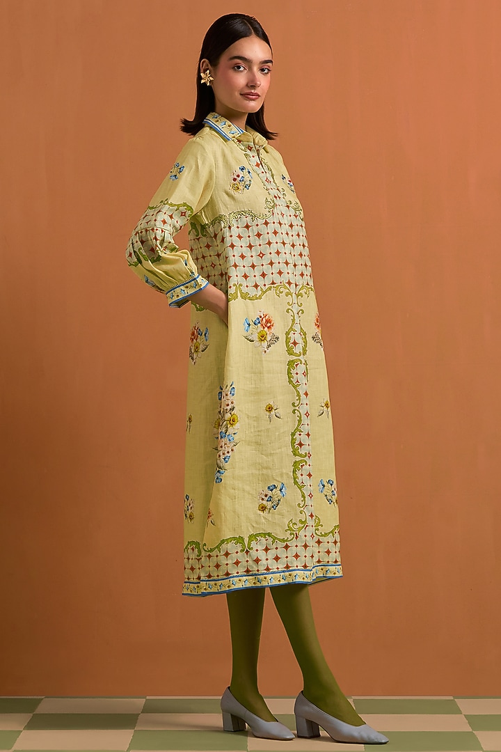 Yellow Hemp Hand Embroidered Vacation Shirt Dress by POZRUH at Pernia's Pop Up Shop