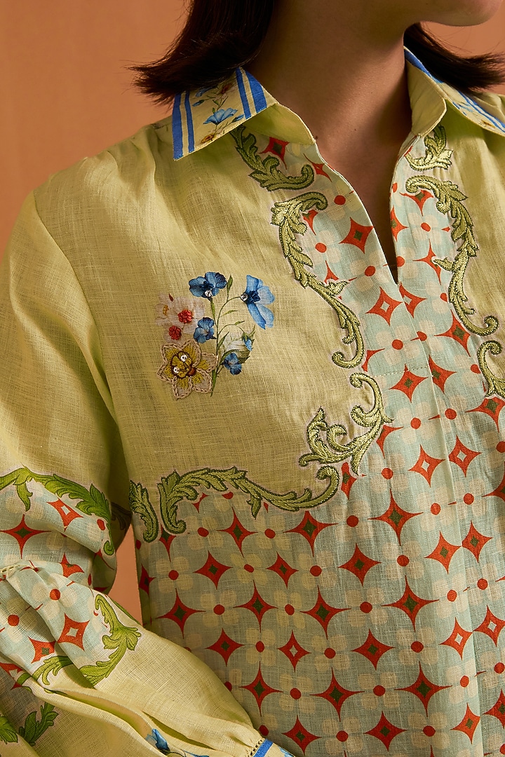 Yellow Hemp Hand Embroidered Vacation Shirt Dress by POZRUH at Pernia's Pop Up Shop