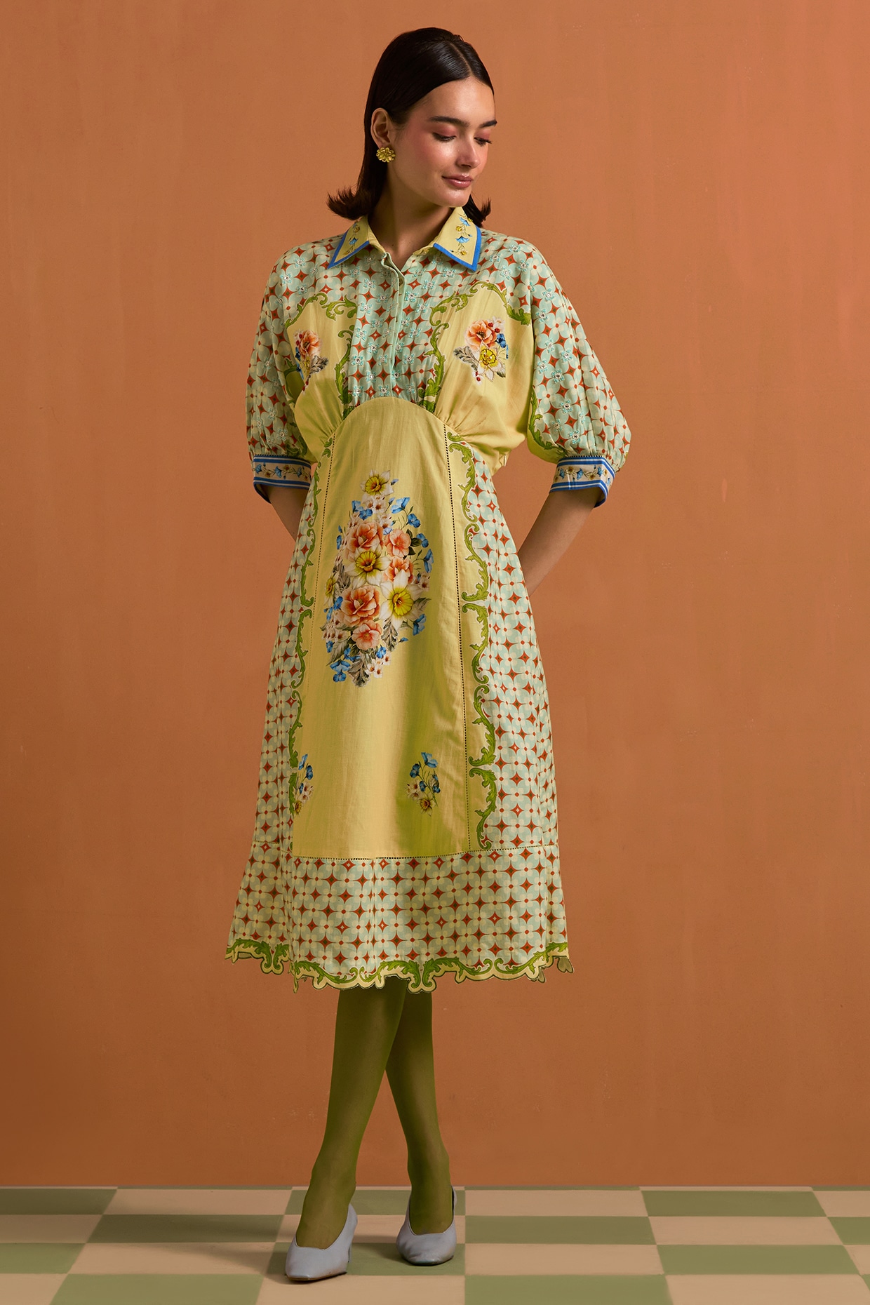 POZRUH Yellow Tencel Hemp Printed Kimono-Style Dress