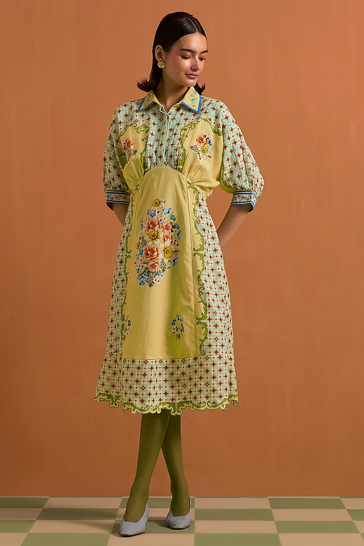 Yellow Tencel Hemp Printed Kimono-Style Vacation Dress by POZRUH at Pernia's Pop Up Shop