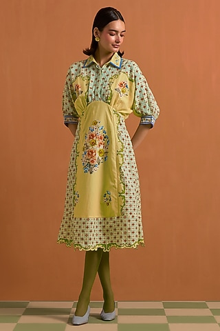 Yellow Tencel Hemp Printed Kimono-Style Dress by POZRUH