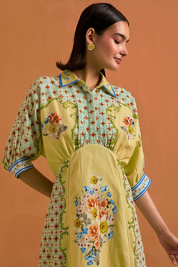 Yellow Tencel Hemp Printed Kimono-Style Vacation Dress by POZRUH at Pernia's Pop Up Shop