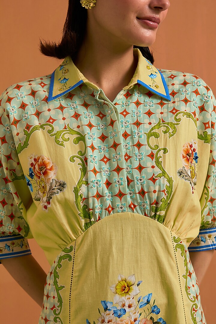 Yellow Tencel Hemp Printed Kimono-Style Vacation Dress by POZRUH at Pernia's Pop Up Shop