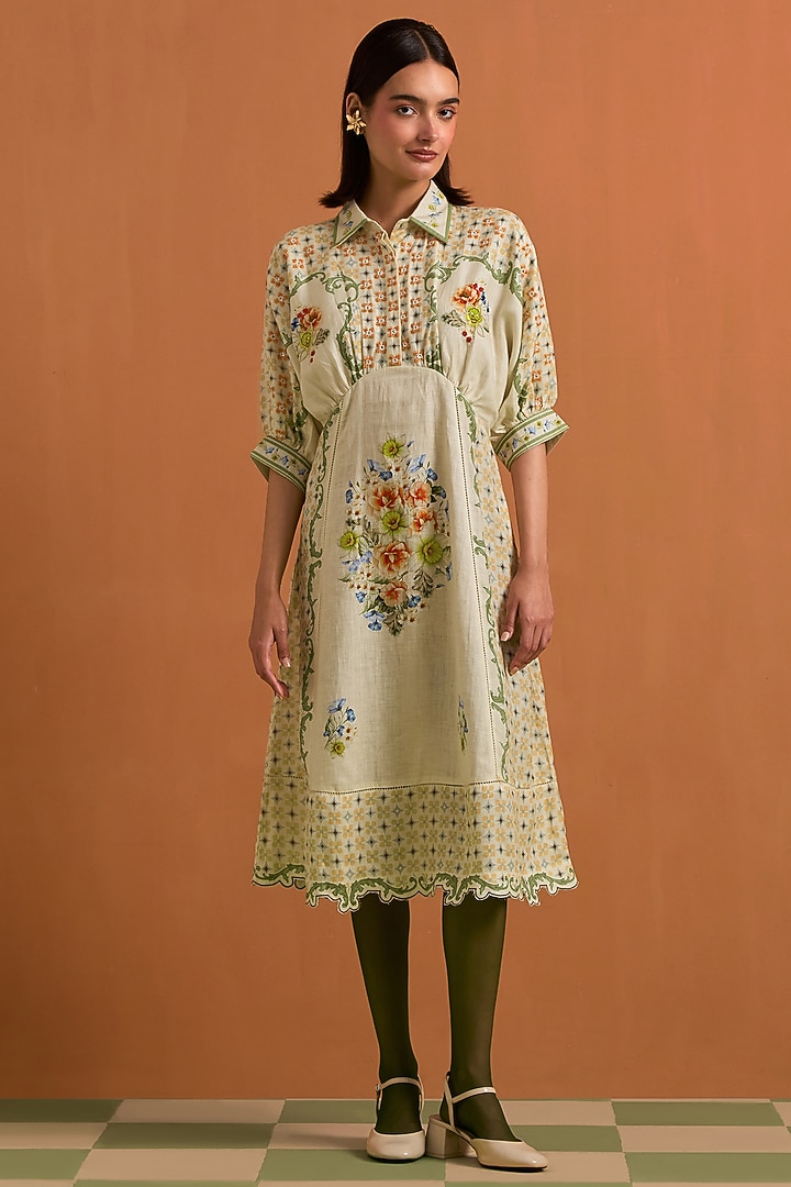 Ivory Tencel Hemp Printed Kimono-Style Vacation Dress by POZRUH at Pernia's Pop Up Shop
