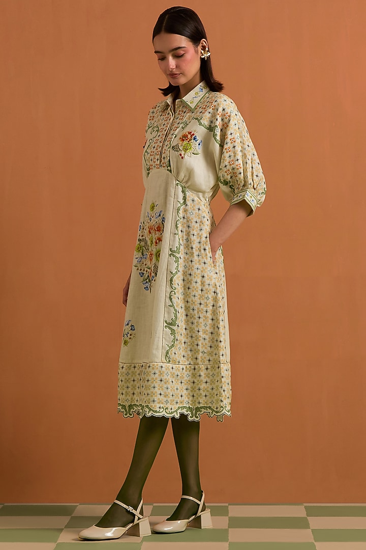 Ivory Tencel Hemp Printed Kimono-Style Vacation Dress by POZRUH at Pernia's Pop Up Shop