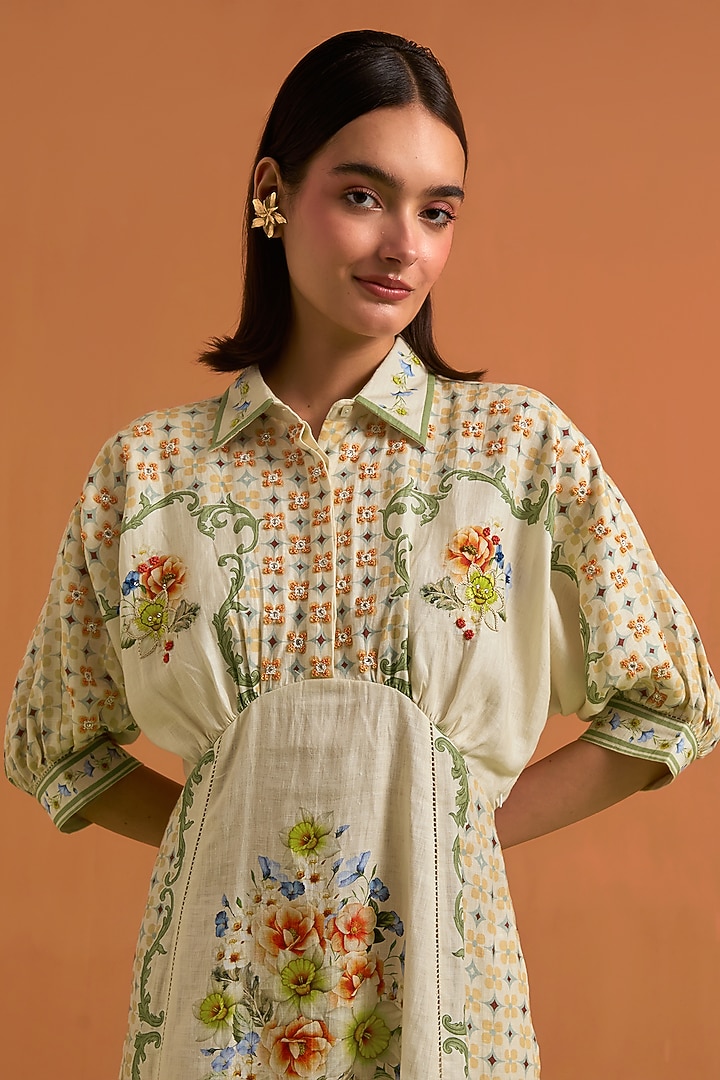 Ivory Tencel Hemp Printed Kimono-Style Vacation Dress by POZRUH at Pernia's Pop Up Shop