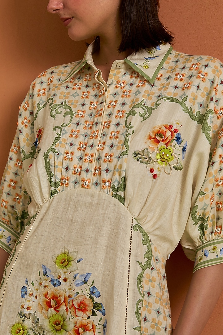 Ivory Tencel Hemp Printed Kimono-Style Vacation Dress by POZRUH at Pernia's Pop Up Shop