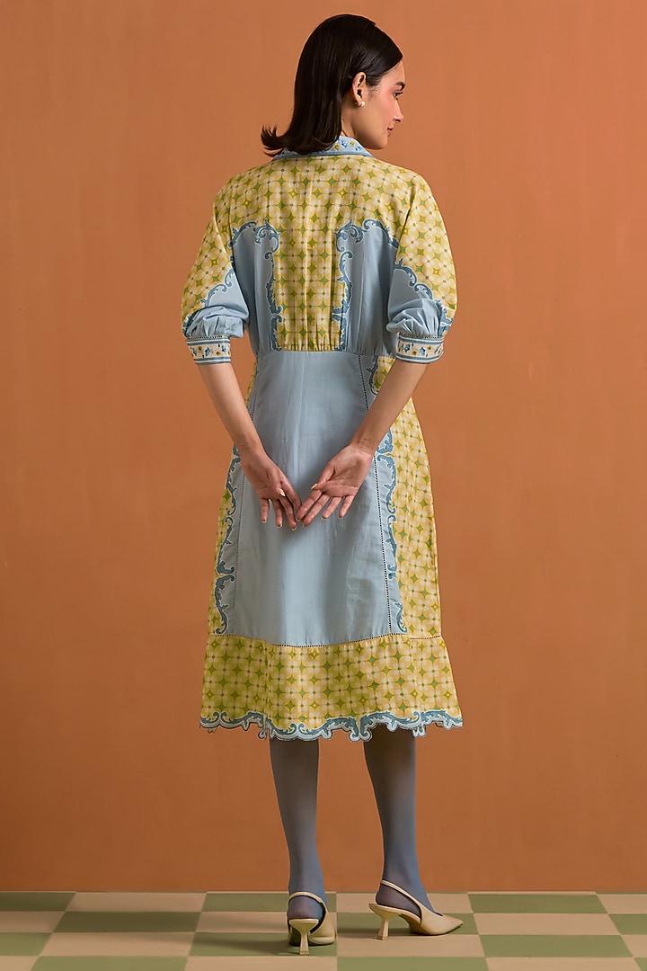 Sky Blue Tencel Hemp Printed & Crystal Embellished Kimono-Style Vacation Dress by POZRUH at Pernia's Pop Up Shop
