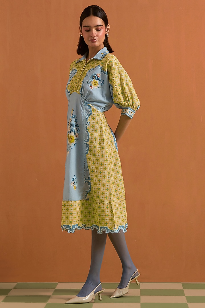 Sky Blue Tencel Hemp Printed & Crystal Embellished Kimono-Style Vacation Dress by POZRUH at Pernia's Pop Up Shop