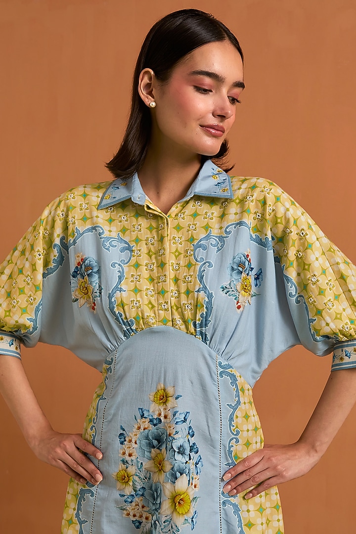 Sky Blue Tencel Hemp Printed & Crystal Embellished Kimono-Style Vacation Dress by POZRUH at Pernia's Pop Up Shop