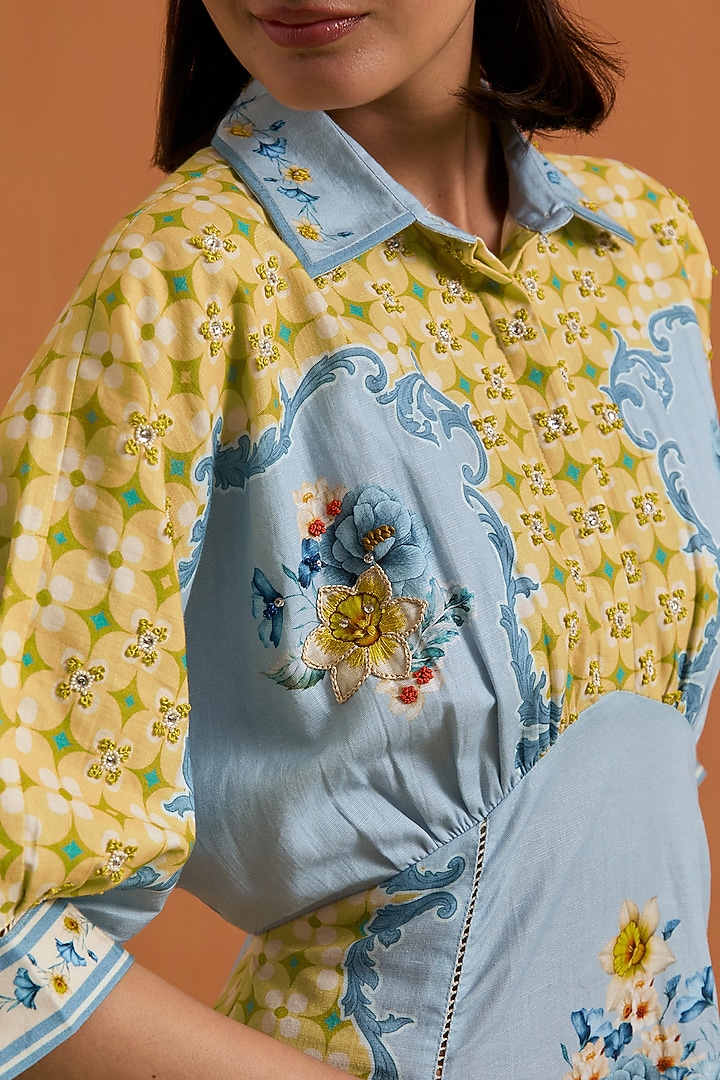 Sky Blue Tencel Hemp Printed & Crystal Embellished Kimono-Style Vacation Dress by POZRUH at Pernia's Pop Up Shop