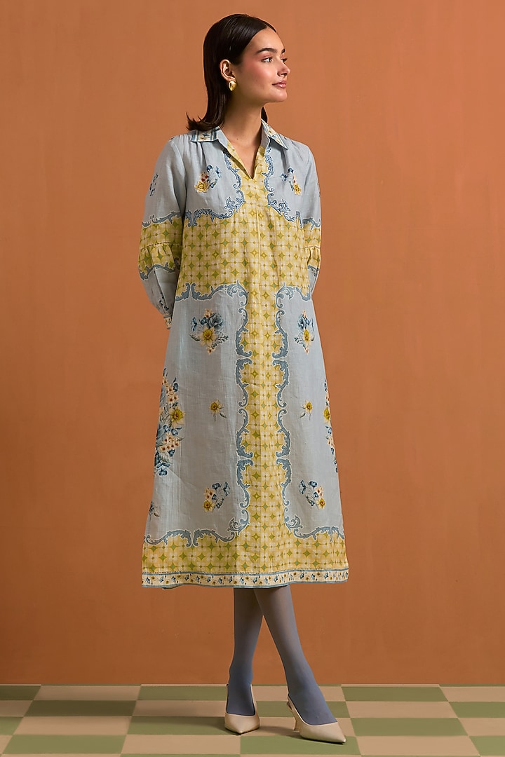 Sky Blue Hemp Hand Embroidered Midi Vacation Dress by POZRUH at Pernia's Pop Up Shop