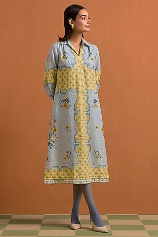 Sky Blue Hemp Hand Embroidered Midi Dress by POZRUH