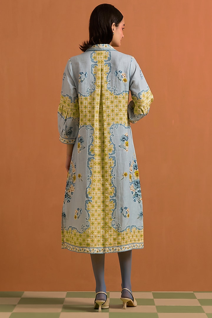 Sky Blue Hemp Hand Embroidered Midi Vacation Dress by POZRUH at Pernia's Pop Up Shop