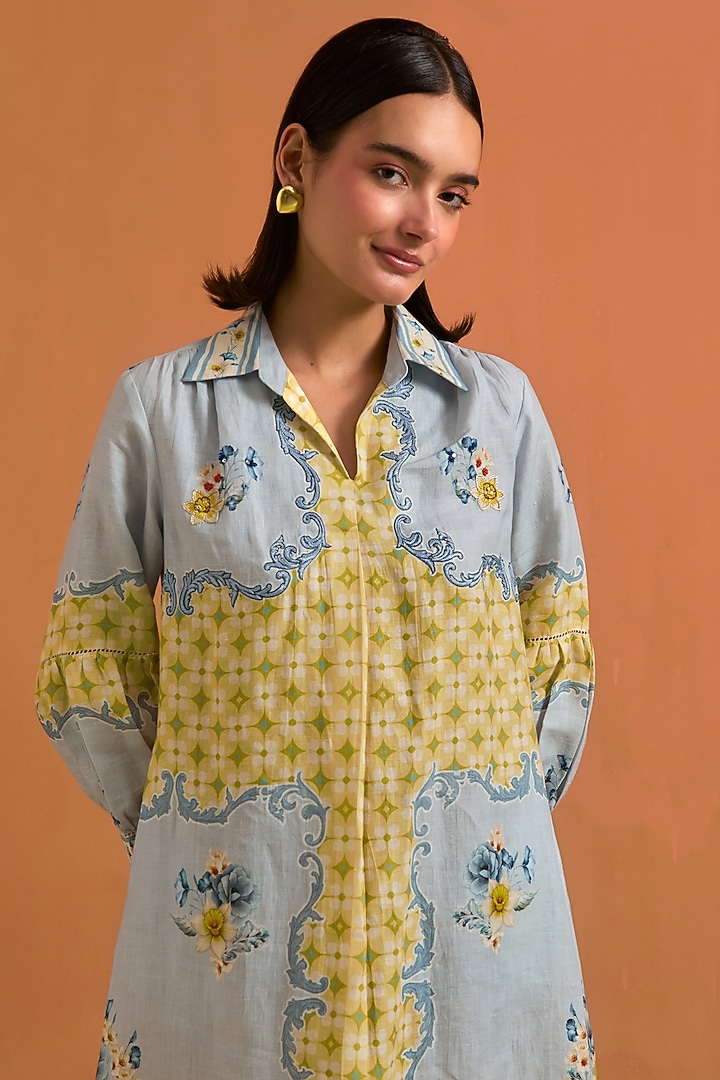 Sky Blue Hemp Hand Embroidered Midi Vacation Dress by POZRUH at Pernia's Pop Up Shop