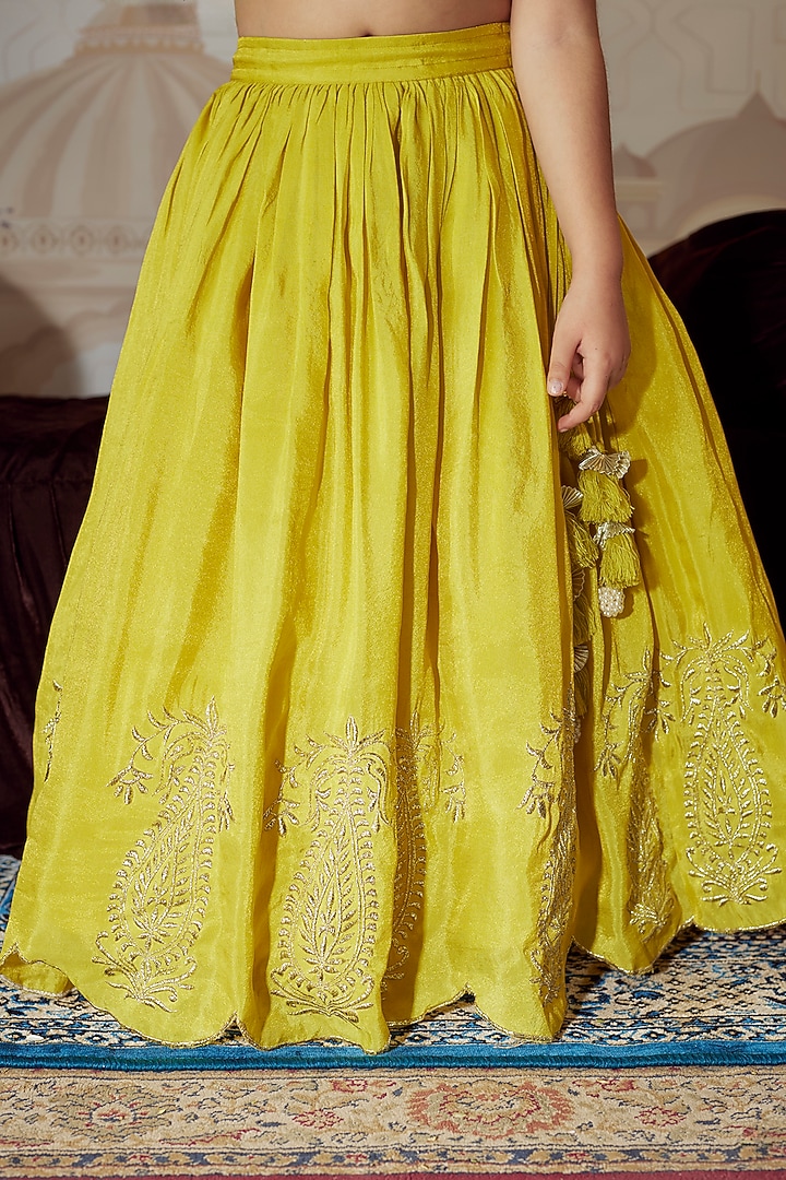 Yellow Silk Tissue Badla Embroidered Scalloped Lehenga Set For Girls by Poochkie at Pernia's Pop Up Shop