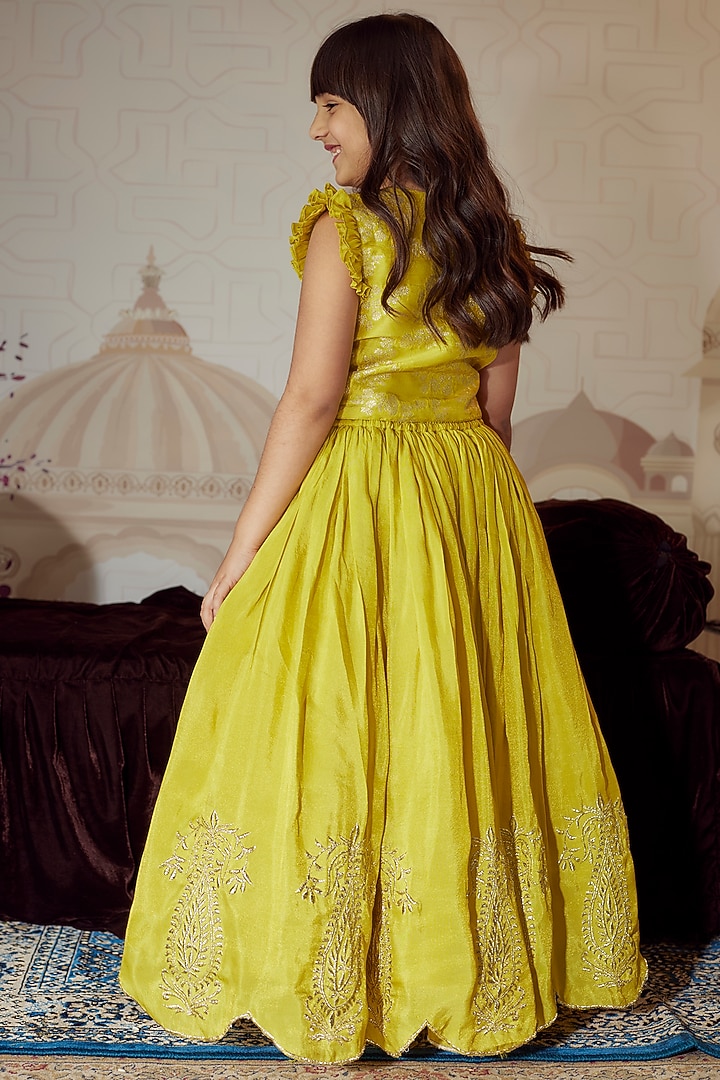 Yellow Silk Tissue Badla Embroidered Scalloped Lehenga Set For Girls by Poochkie at Pernia's Pop Up Shop
