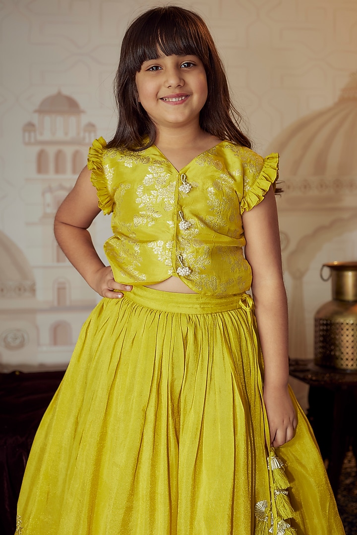 Yellow Silk Tissue Badla Embroidered Scalloped Lehenga Set For Girls by Poochkie at Pernia's Pop Up Shop