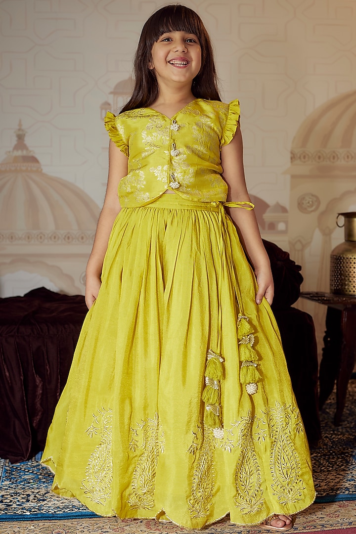 Yellow Silk Tissue Badla Embroidered Scalloped Lehenga Set For Girls by Poochkie