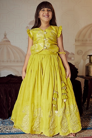 Yellow Silk Tissue Badla Embroidered Scalloped Lehenga Set For Girls by Poochkie