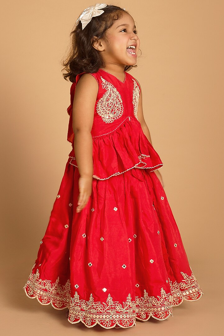 Red Viscose Muslin Abla Embroidered Lehenga Set For Girls by Poochkie at Pernia's Pop Up Shop