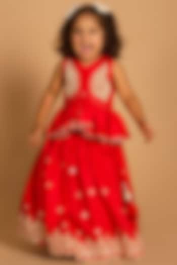 Red Viscose Muslin Abla Embroidered Lehenga Set For Girls by Poochkie at Pernia's Pop Up Shop