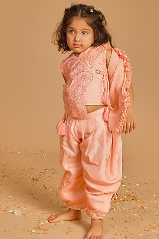 Blush Pink Viscose Silk Dhoti Set For Girls by Poochkie