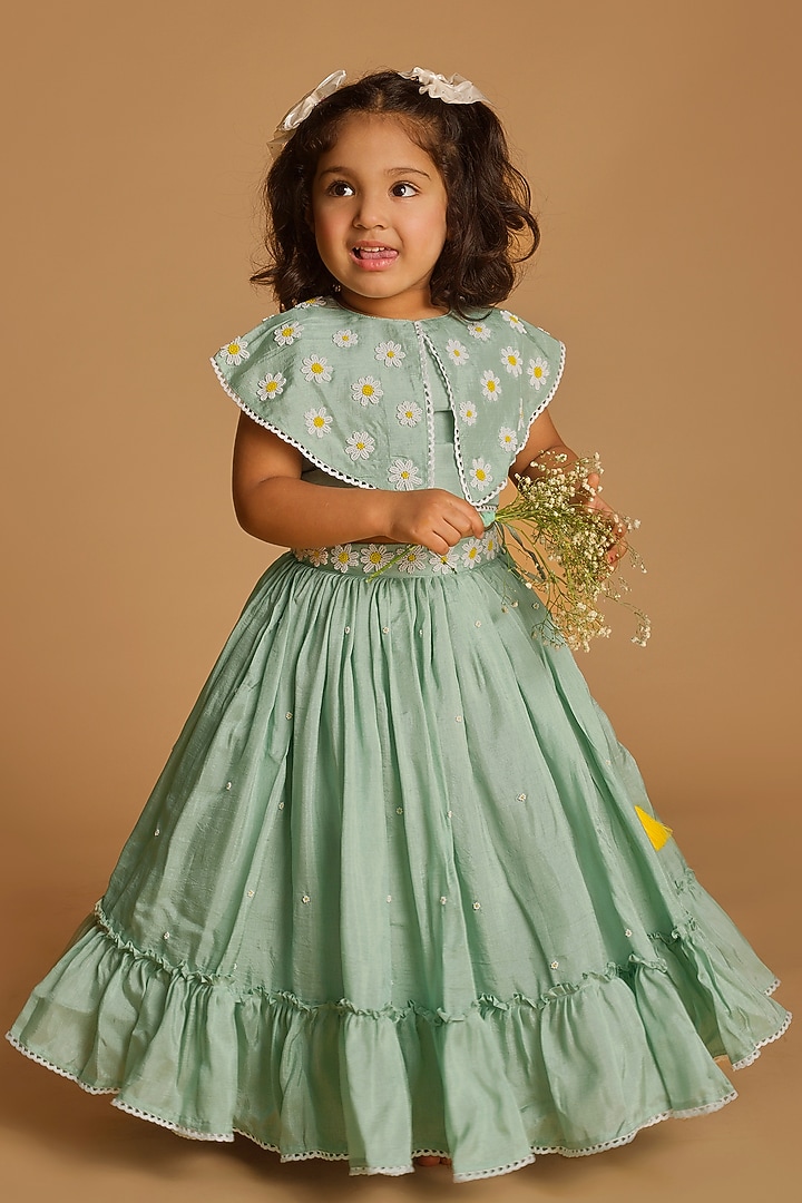 Powder Blue Viscose Silk Frilled Lehenga Set For Girls by Poochkie at Pernia's Pop Up Shop