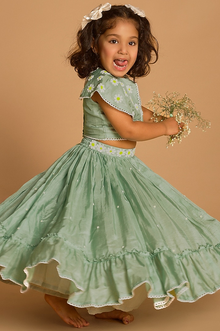 Powder Blue Viscose Silk Frilled Lehenga Set For Girls by Poochkie at Pernia's Pop Up Shop
