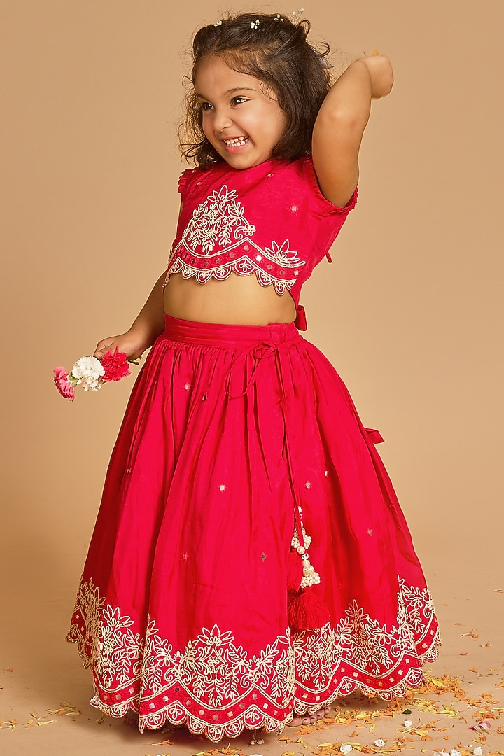 Fuchsia Viscose Silk Mirror Embroidered Lehenga Set For Girls by Poochkie at Pernia's Pop Up Shop