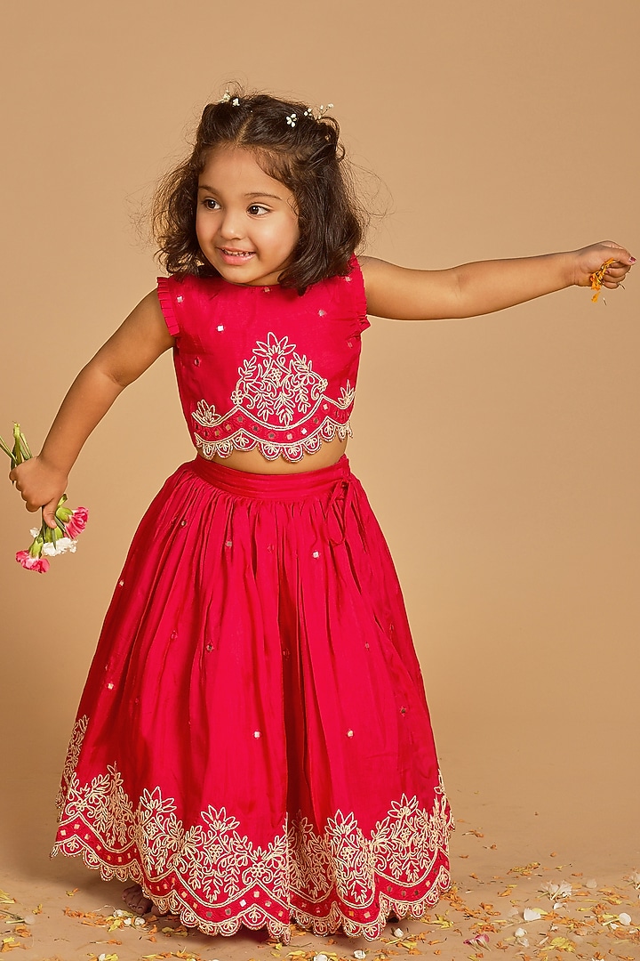 Fuchsia Viscose Silk Mirror Embroidered Lehenga Set For Girls by Poochkie at Pernia's Pop Up Shop