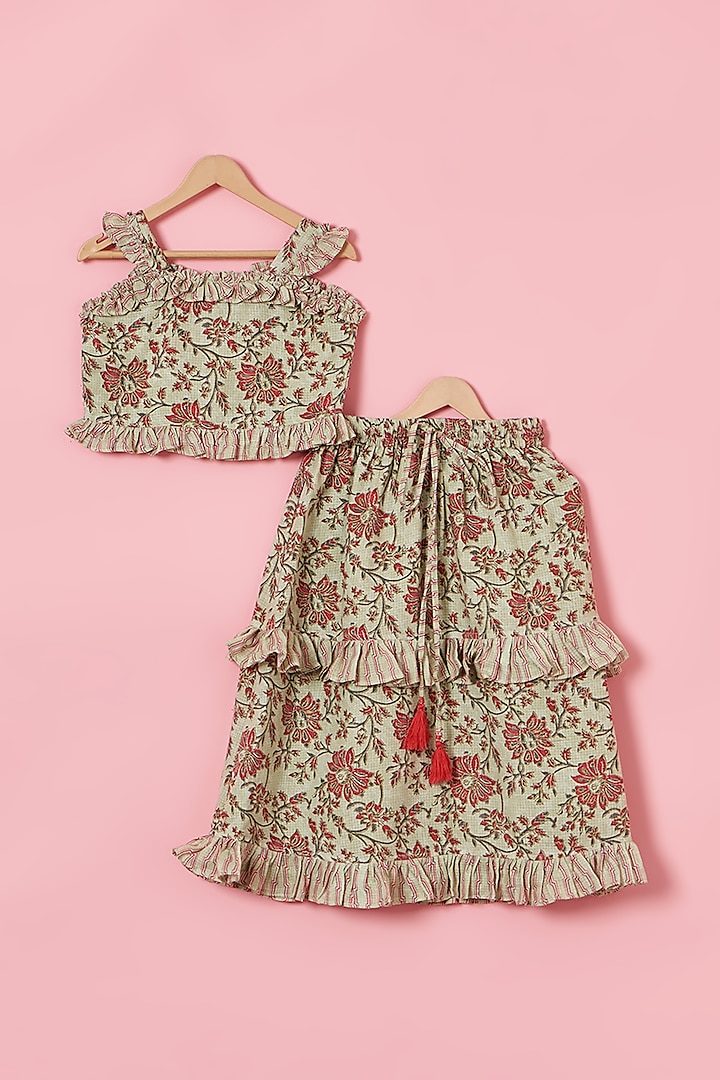 Green & Pink Cotton Floral Printed Lehenga Set For Girls by Poochkie at Pernia's Pop Up Shop