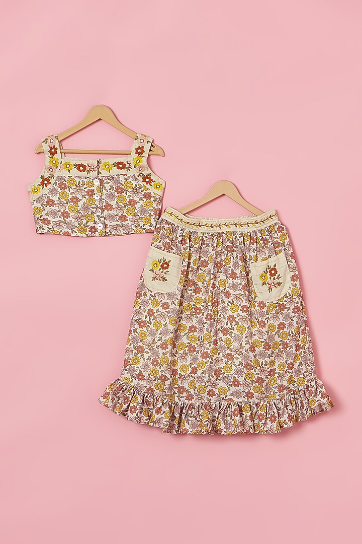 Ivory & Orange Linen Blend Floral Printed Lehenga Set For Girls by Poochkie at Pernia's Pop Up Shop
