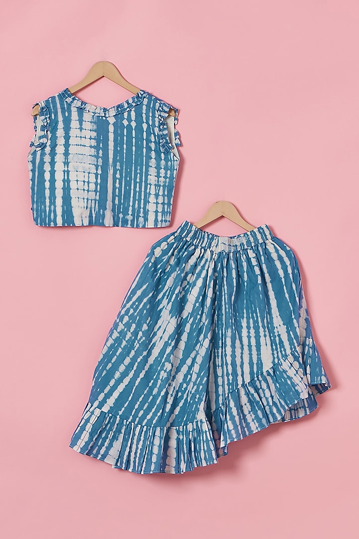 Blue & White Pure Cotton Tie-Dye Printed Lehenga Set For Girls by Poochkie at Pernia's Pop Up Shop