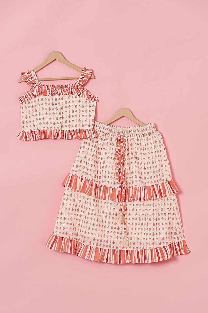 Orange & White Cotton Hand Block Printed Lehenga Set For Girls by Poochkie at Pernia's Pop Up Shop